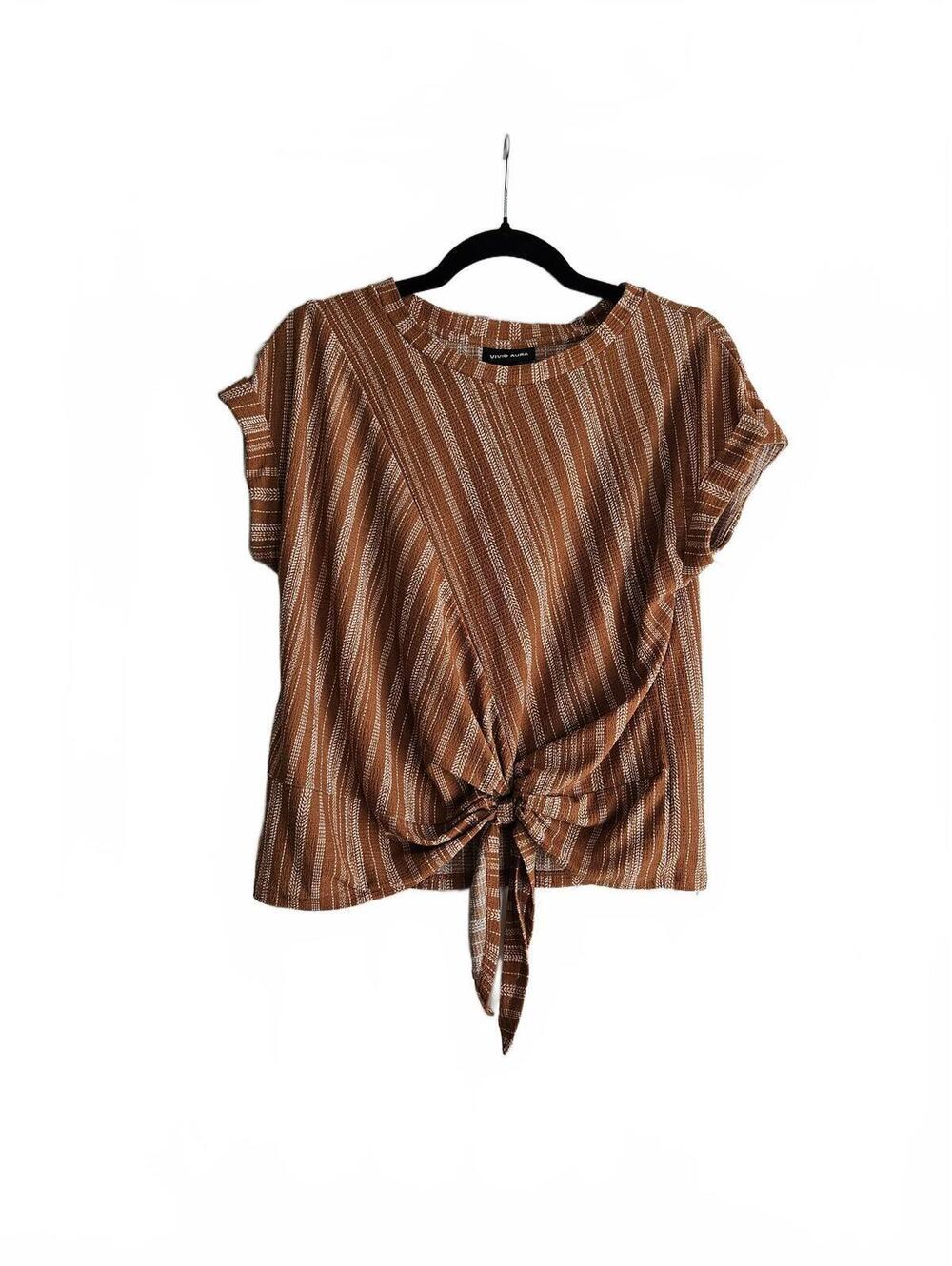 Vivid Aura Medium Brown Striped Tie-Front Top